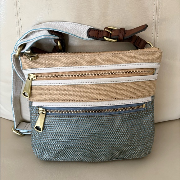 Fossil Handbags - Fossil Explorer Woven Triple Zip Hipster Crossbody Iridescent Blue Leather Trim